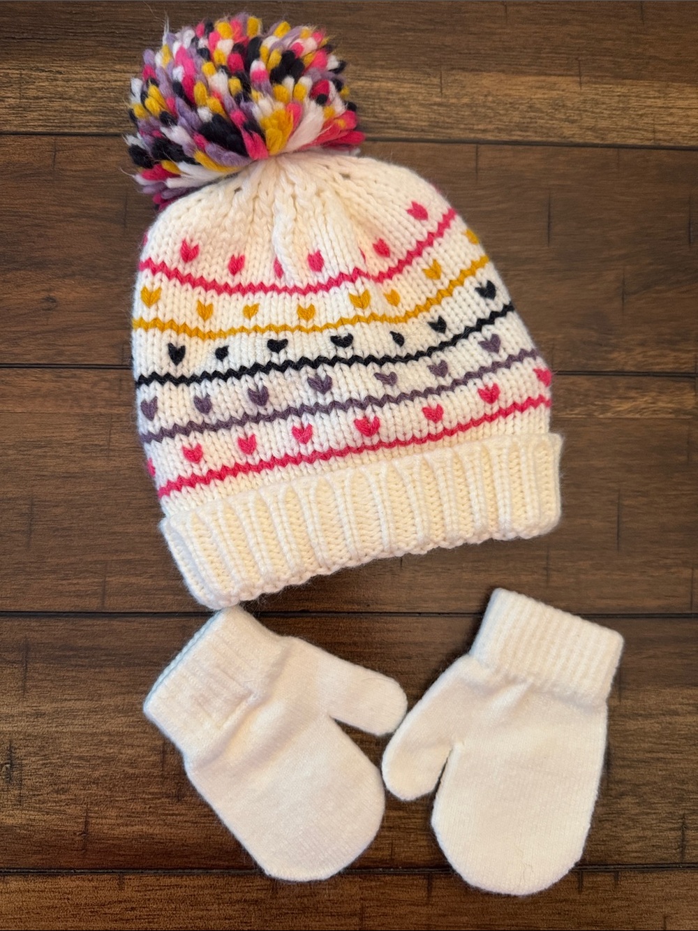 Cream Knit Pom Pom Hat and Mittens Set - Multicolor Heart Pattern - Kids